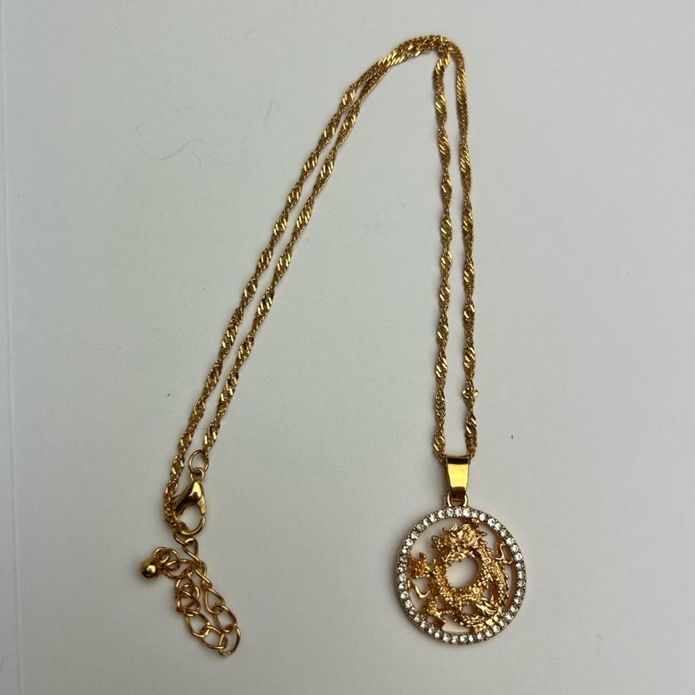 Dragon Diamond Gold Plated 16” Pendant Necklace 1” Pendant